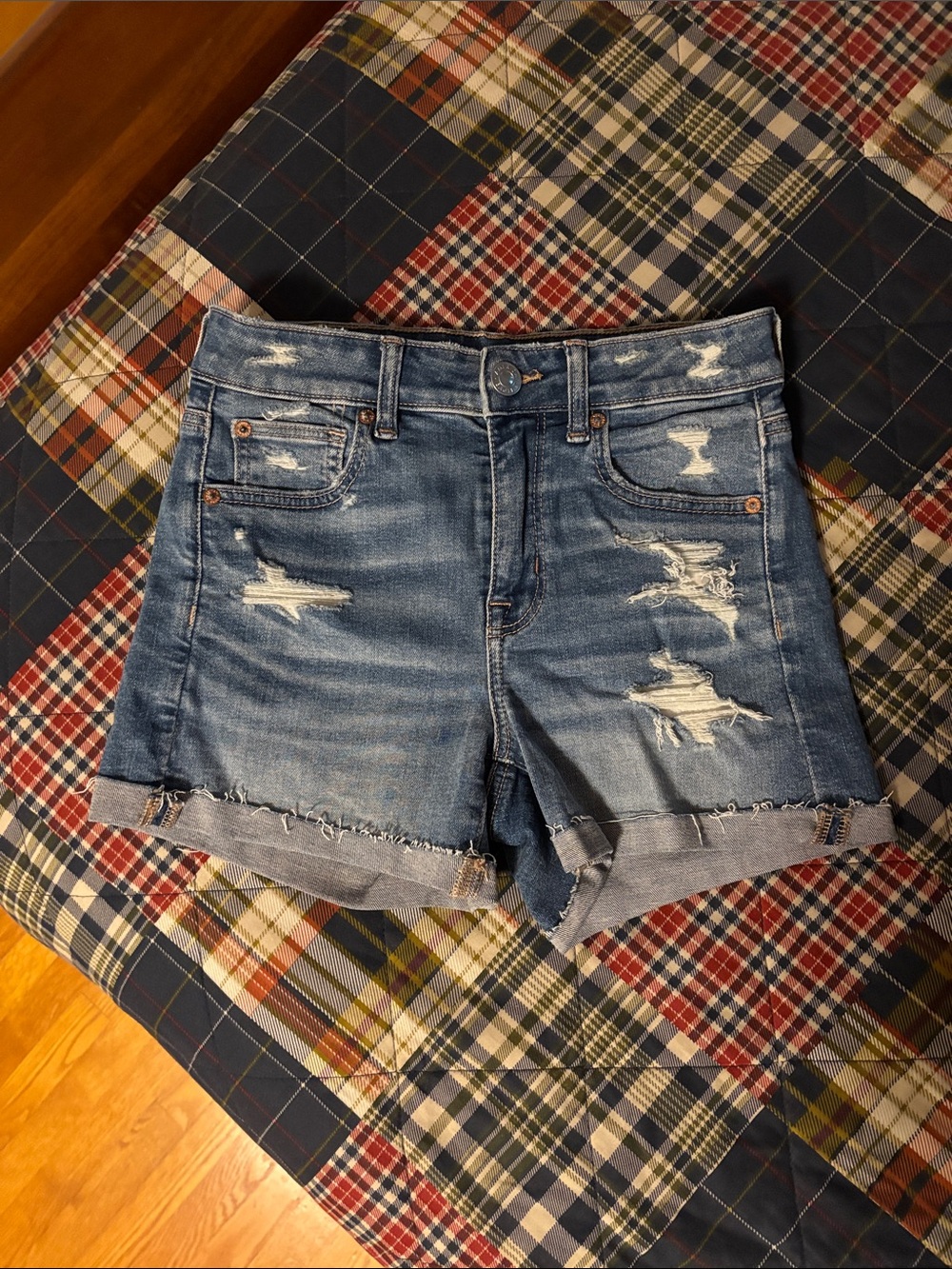 American Eagle Outfitters Distressed Blue Denim Roll-Hem Shorts
